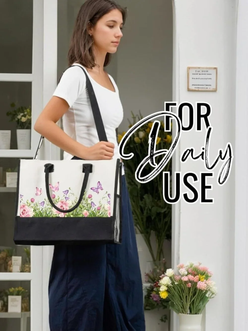 Butterfly Canvas Tote Bag for Women - Zipper Closure, Shoulder Strap, Perfect